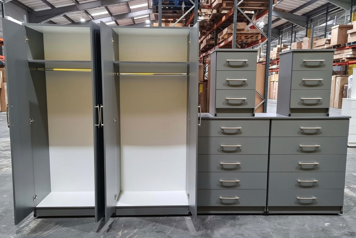 Ready assembled 3 Pcs Classic 4 Door Double Mirrored Wardrobe, Chest And Bedside Set Grey