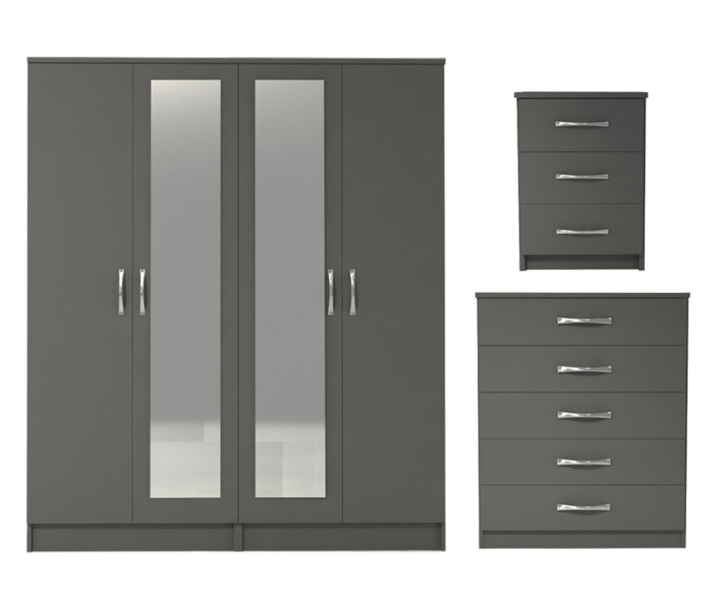 Ready assembled 3 Pcs Classic 4 Door Double Mirrored Wardrobe, Chest And Bedside Set Grey