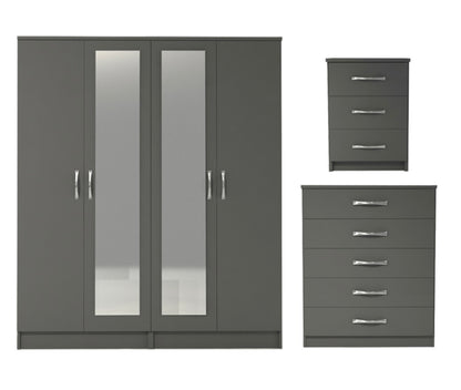 Ready assembled 3 Pcs Classic 4 Door Double Mirrored Wardrobe, Chest And Bedside Set Grey