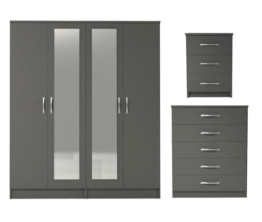 Ready assembled 3 Pcs Classic 4 Door Double Mirrored Wardrobe, Chest And Bedside Set Grey