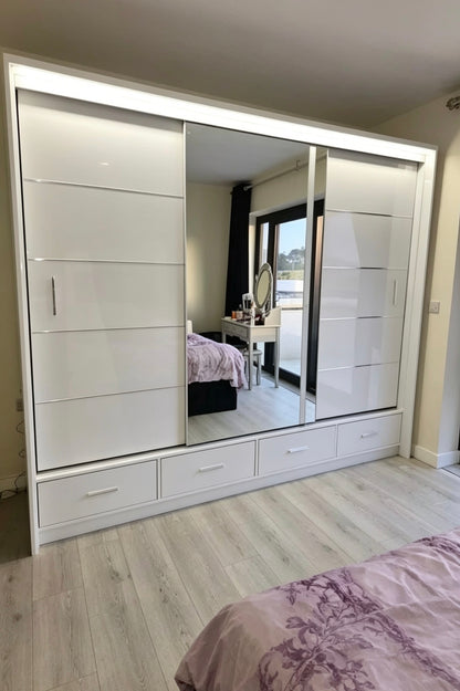 Sliding Door Mirrored Wardrobe with Drawers & LED